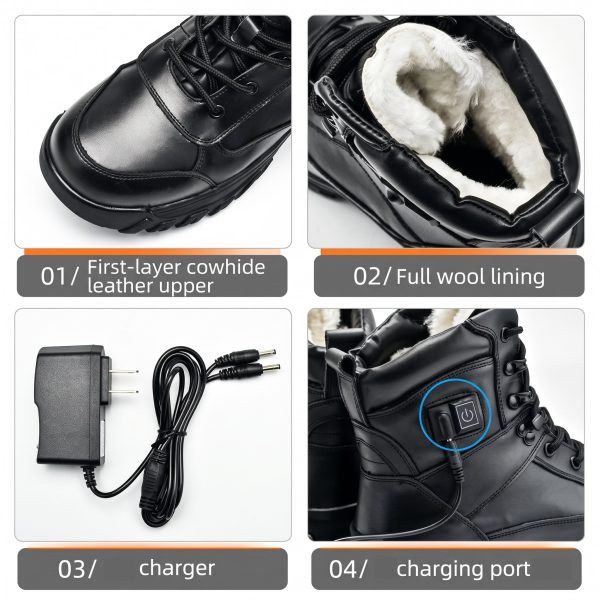 JHB10 Heated Winter Work Boots - Material & Charging Details JHB10 heated winter work boots details showing cowhide leather upper, wool lining, wall charger, and charging port