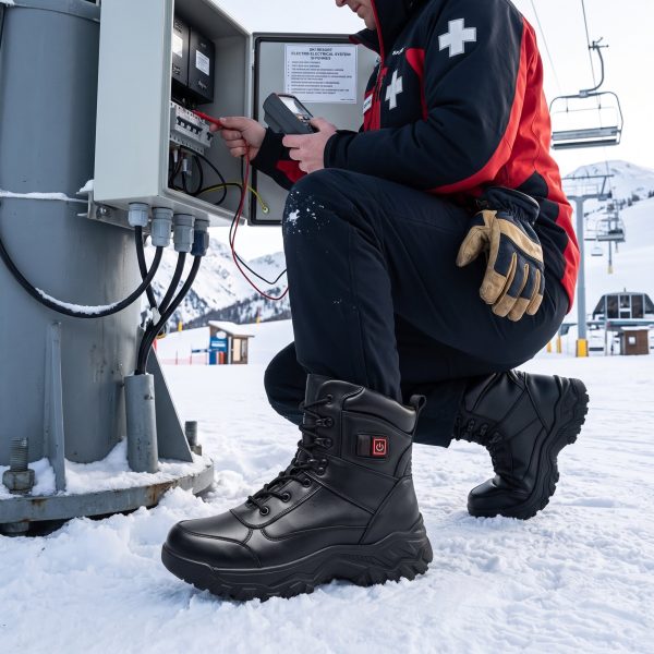 JHB10 Heated Winter Work Boots - Ski Resort Maintenance Scene Ski resort technician kneeling in snow servicing lift equipment while wearing JHB10 heated winter work boots