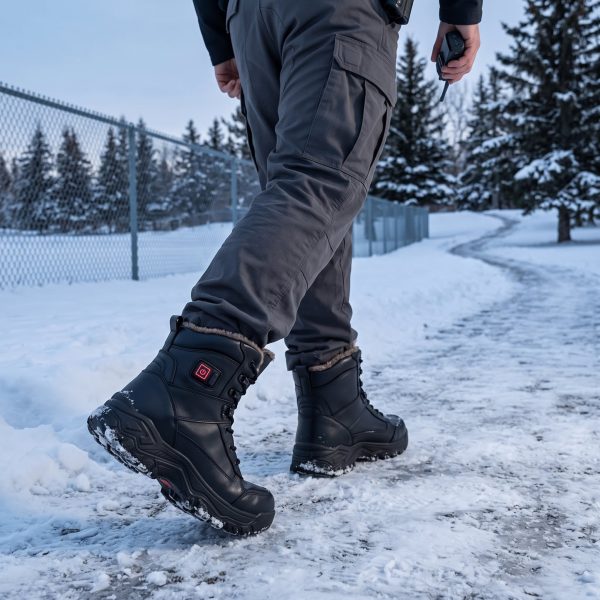 JHB10 Heated Winter Work Boots - Winter Patrol Scene Site patrol officer walking a snowy perimeter in JHB10 heated winter work boots