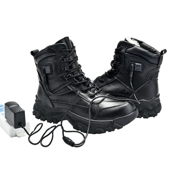 JHB10 Heated Winter Work Boots - Charging Setup JHB10 heated winter work boots charging with dual wall charger connected to both boots