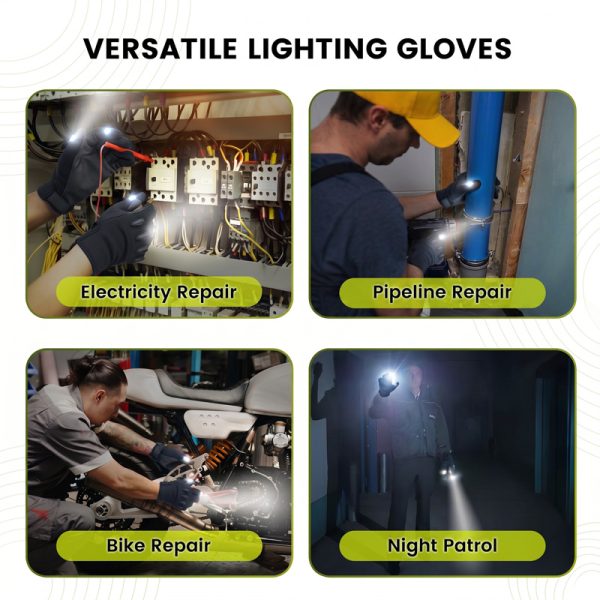 JLG05 LED Work Gloves - Application Scenarios JLG05 LED work gloves in use for electricity repair, pipeline repair, bike repair and night patrol