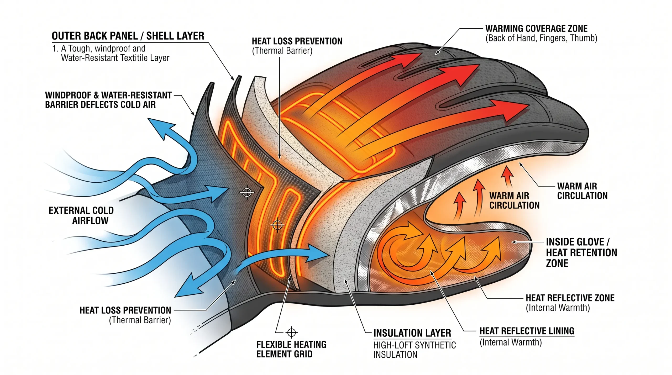 Back-of-Hand Heating Zone and Insulation Structure J ONE back-of-hand heating zone and insulation structure in heated gloves