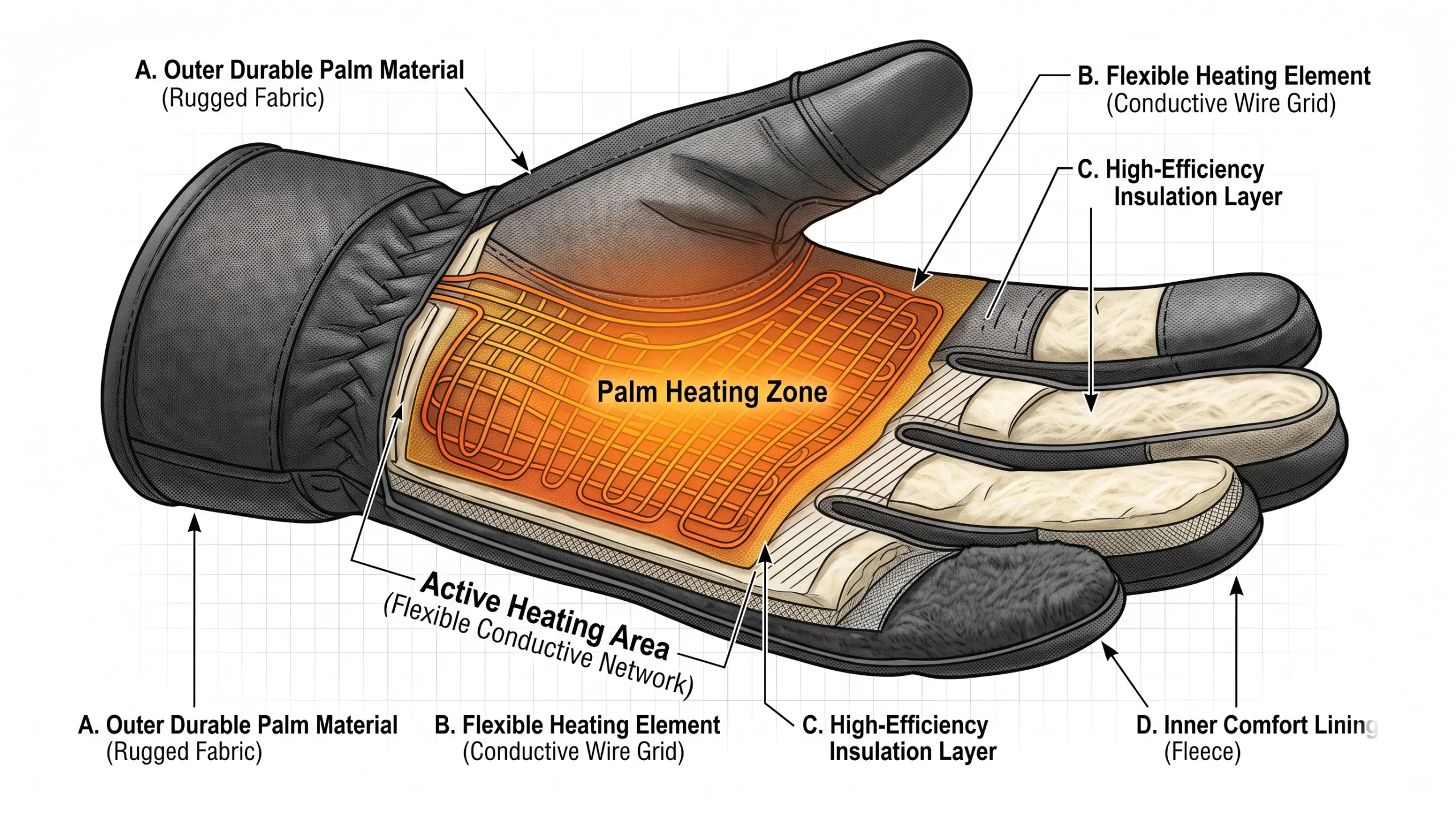 Palm Heating Element Design for Heated Gloves J ONE palm heating element placement and flexible heating structure in heated gloves