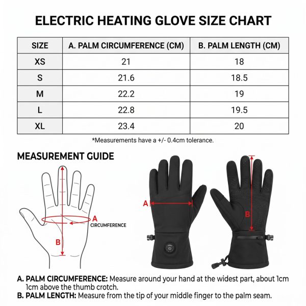 JHG43 heated gloves size chart with palm circumference and palm length measurements