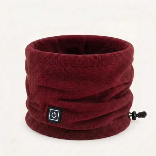 JHN02 Heated Neck Warmer – Wine Red Fleece Gaiter J ONE JHN02 heated neck warmer in wine red fleece, tube-style gaiter with power button and drawstring, front view