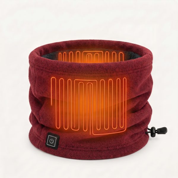 JHN02 Heated Neck Warmer – Heating Elements JHN02 heated neck warmer showing glowing orange heating element pattern on front panel