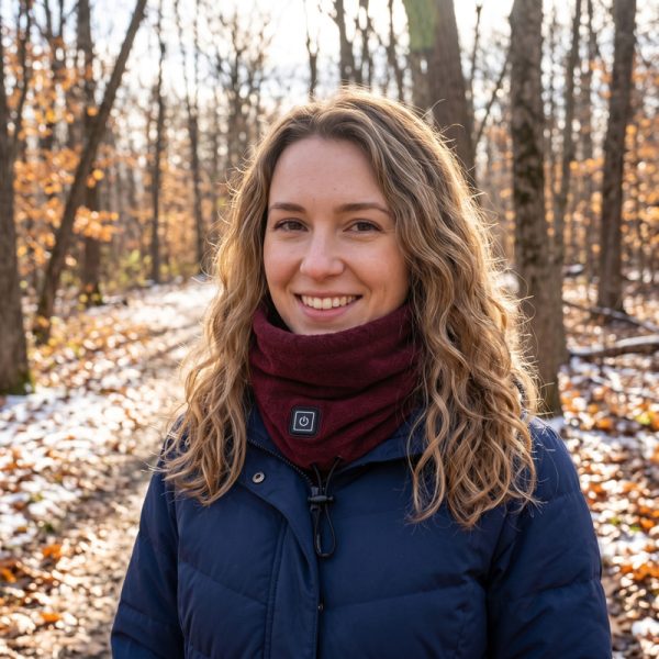 JHN02 Heated Neck Warmer – Autumn Forest Woman wearing JHN02 heated neck warmer with navy puffer jacket in autumn forest scene