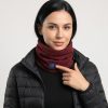 JHN02 Heated Neck Warmer – Model Dark Hair Woman wearing JHN02 heated neck warmer with black puffer jacket, finger pressing power button with blue LED