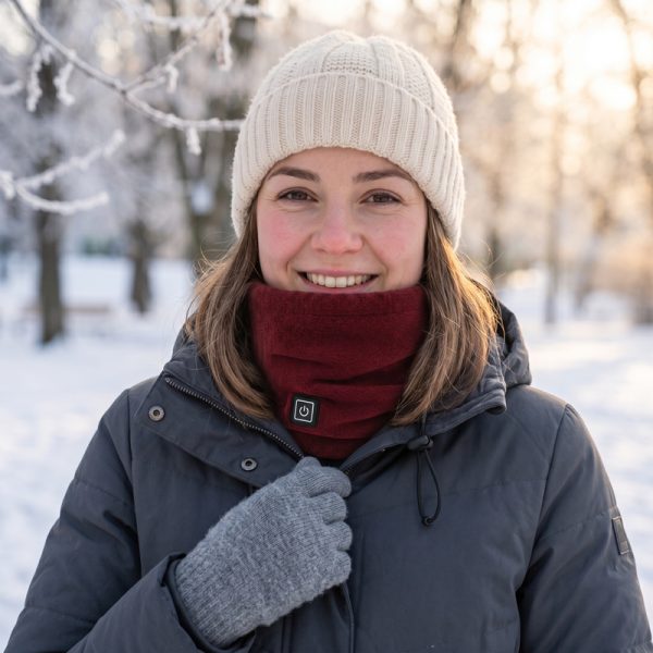 JHN02 Heated Neck Warmer – Snow Outdoor Woman wearing JHN02 heated neck warmer with knit beanie and grey gloves in snowy outdoor scene