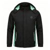 JHJ02 Heated Jacket - Front Product Shot JHJ02 unisex heated jacket in black with mint green panel accents, front view with hood and chest power button