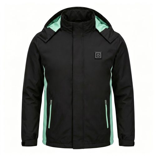 JHJ02 Heated Jacket - Front Product Shot JHJ02 unisex heated jacket in black with mint green panel accents, front view with hood and chest power button