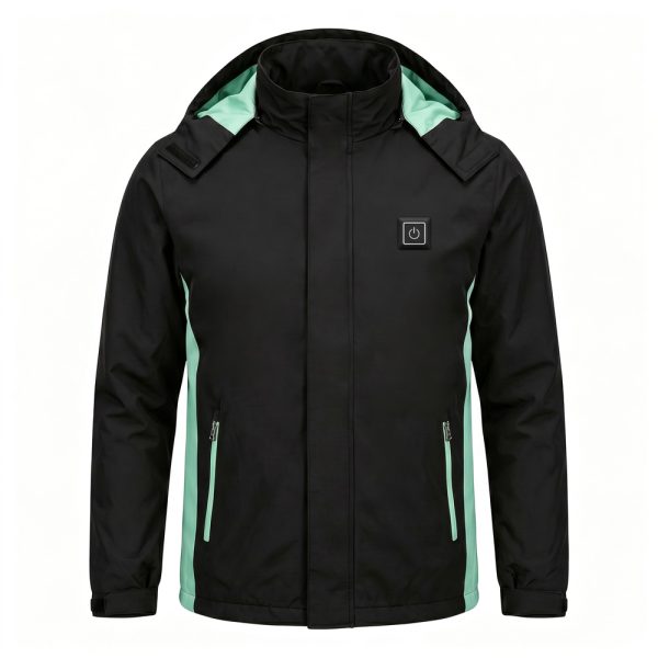 JHJ02 Heated Jacket - Front Product Shot JHJ02 unisex heated jacket in black with mint green panel accents, front view with hood and chest power button