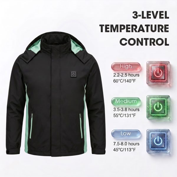 JHJ02 Heated Jacket - 3-Level Temperature Control JHJ02 heated jacket temperature control chart showing high, medium, and low heat levels with runtimes