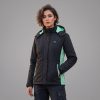 JHJ02 Heated Jacket - Worn View (Women's) Woman wearing JHJ02 black heated jacket with mint green accents and hood, standing outdoor view