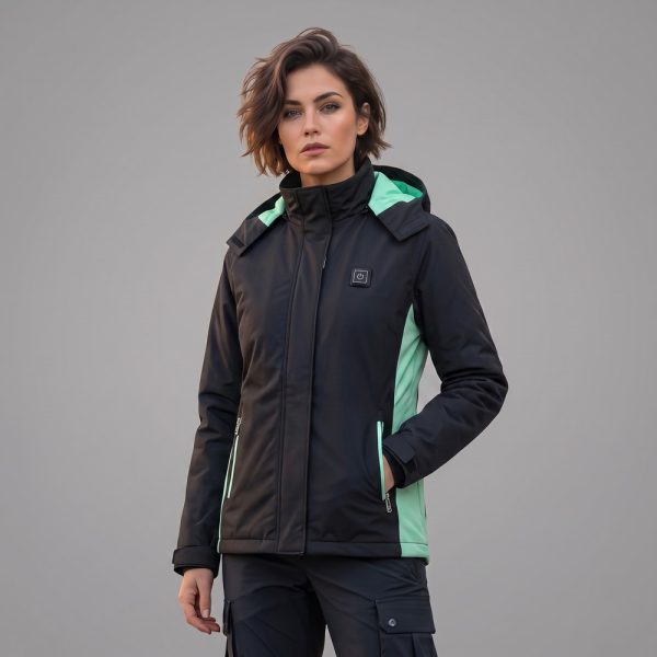 JHJ02 Heated Jacket - Worn View (Women's) Woman wearing JHJ02 black heated jacket with mint green accents and hood, standing outdoor view