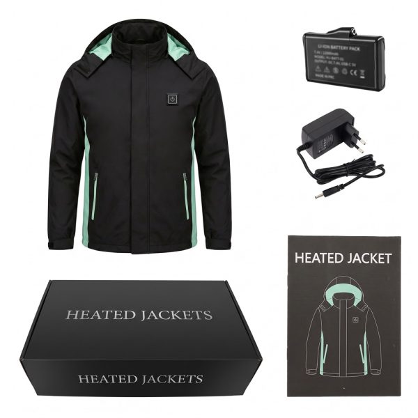 JHJ02 Heated Jacket - Package Contents JHJ02 heated jacket package contents with jacket, 7.4V 5000mAh battery, wall charger, color box, and manual