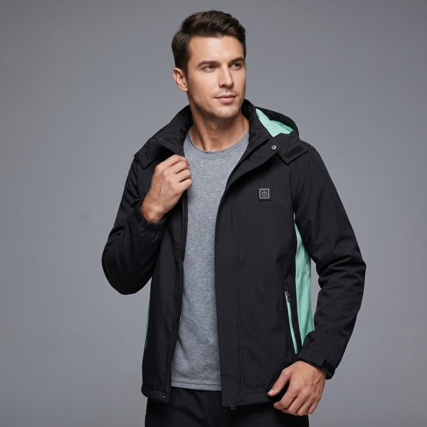 JHJ02 Heated Jacket - Worn View (Men's) Man wearing JHJ02 black heated jacket open over a grey shirt, standing view