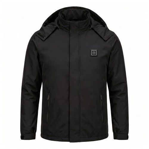 JHJ02B Heated Jacket - Front Product Shot JHJ02B men's heated jacket in black with hood and chest power button, front view