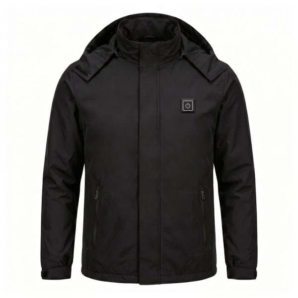 JHJ02B Heated Jacket - Front Product Shot JHJ02B men's heated jacket in black with hood and chest power button, front view