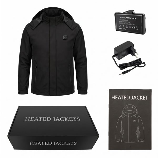 JHJ02B Heated Jacket - Package Contents JHJ02B heated jacket package contents with jacket, 7.4V 5000mAh battery, wall charger, color box, and manual