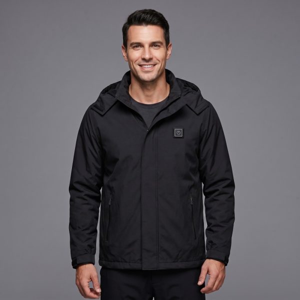 JHJ02B Heated Jacket - Worn View (Studio) Man wearing JHJ02B black heated jacket with hood, studio front view