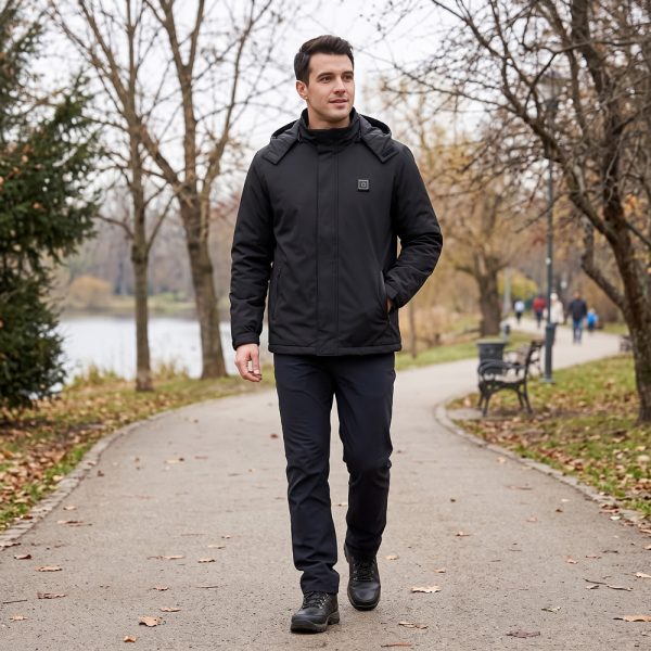 JHJ02B Heated Jacket - Worn View (Outdoors) Man walking in a winter park wearing JHJ02B black heated jacket