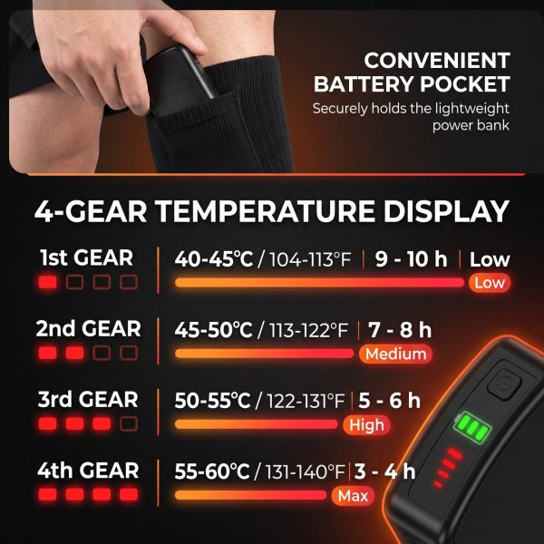 JHS07 Heated Socks - Battery Pocket and Temperature Levels JHS07 heated socks battery pocket and four-level temperature display chart