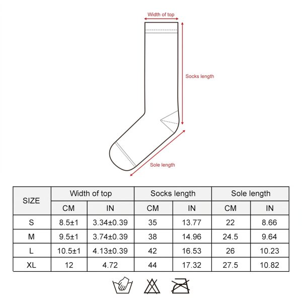 JHS07 Heated Socks - Size Chart JHS07 heated socks size chart for S M L XL with socks length and sole length