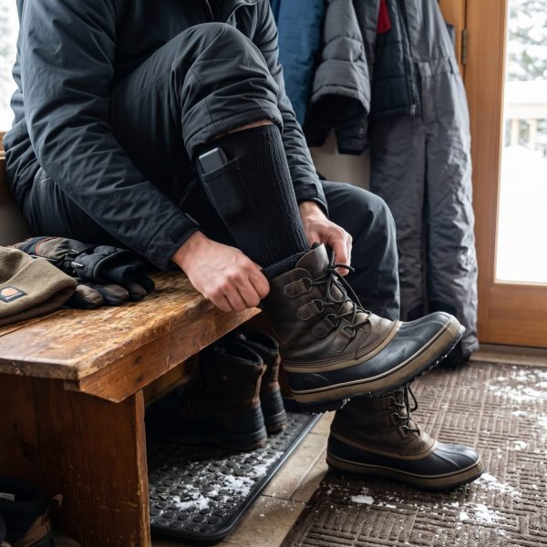 JHS07 Heated Socks - Outdoor Boots Lifestyle Man putting on winter boots over JHS07 heated socks for outdoor use