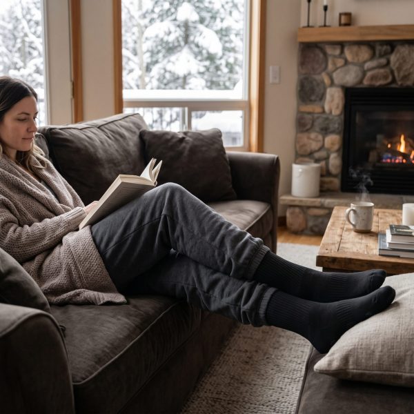 JHS07 Heated Socks - Indoor Relaxation Lifestyle Woman relaxing at home on a sofa wearing JHS07 heated socks