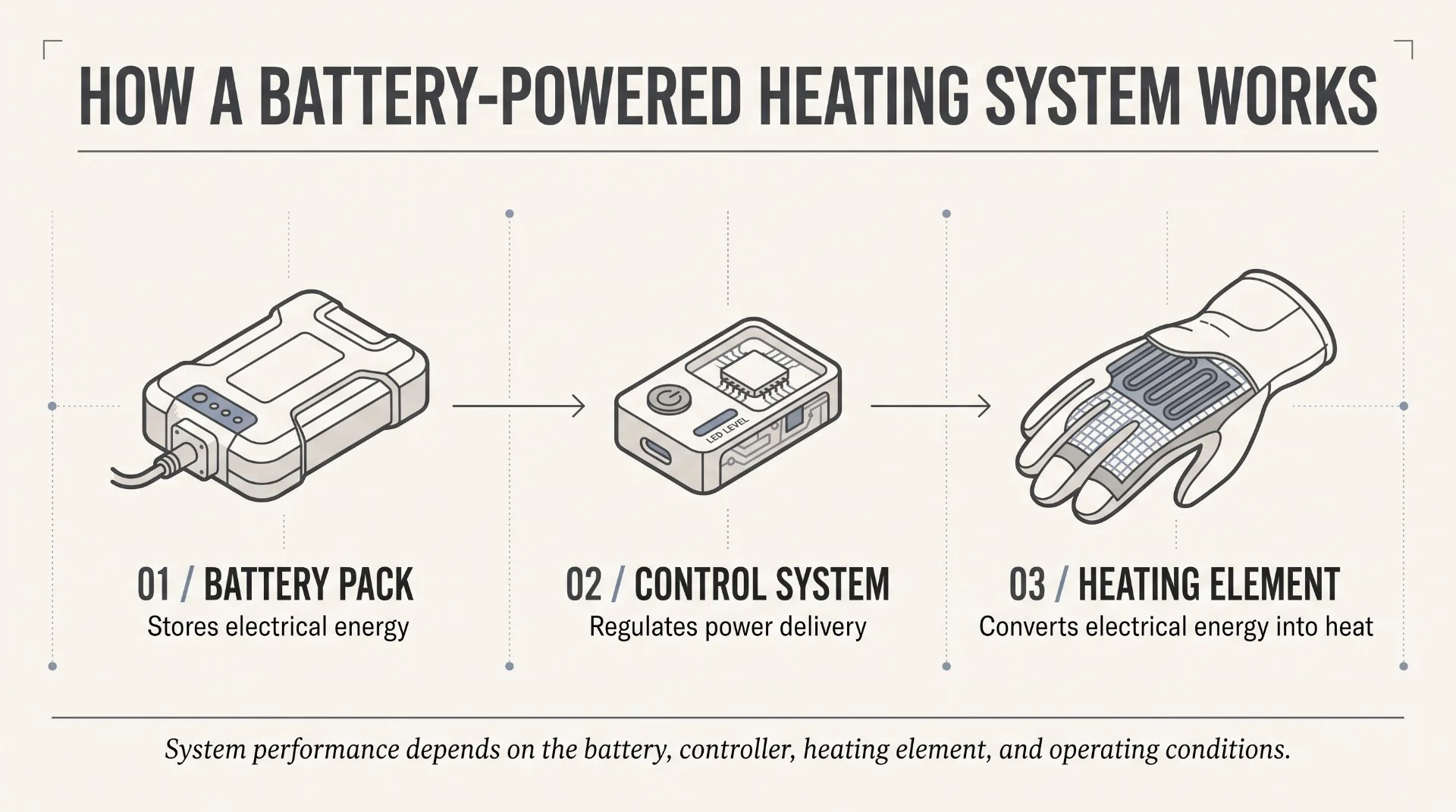How a Battery-Powered Heating System Works Diagram of a battery-powered heating system showing the battery pack, control system, and heating element