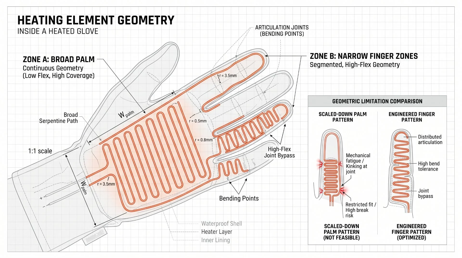 Comparison of finger and palm heating element geometry in a heated glove