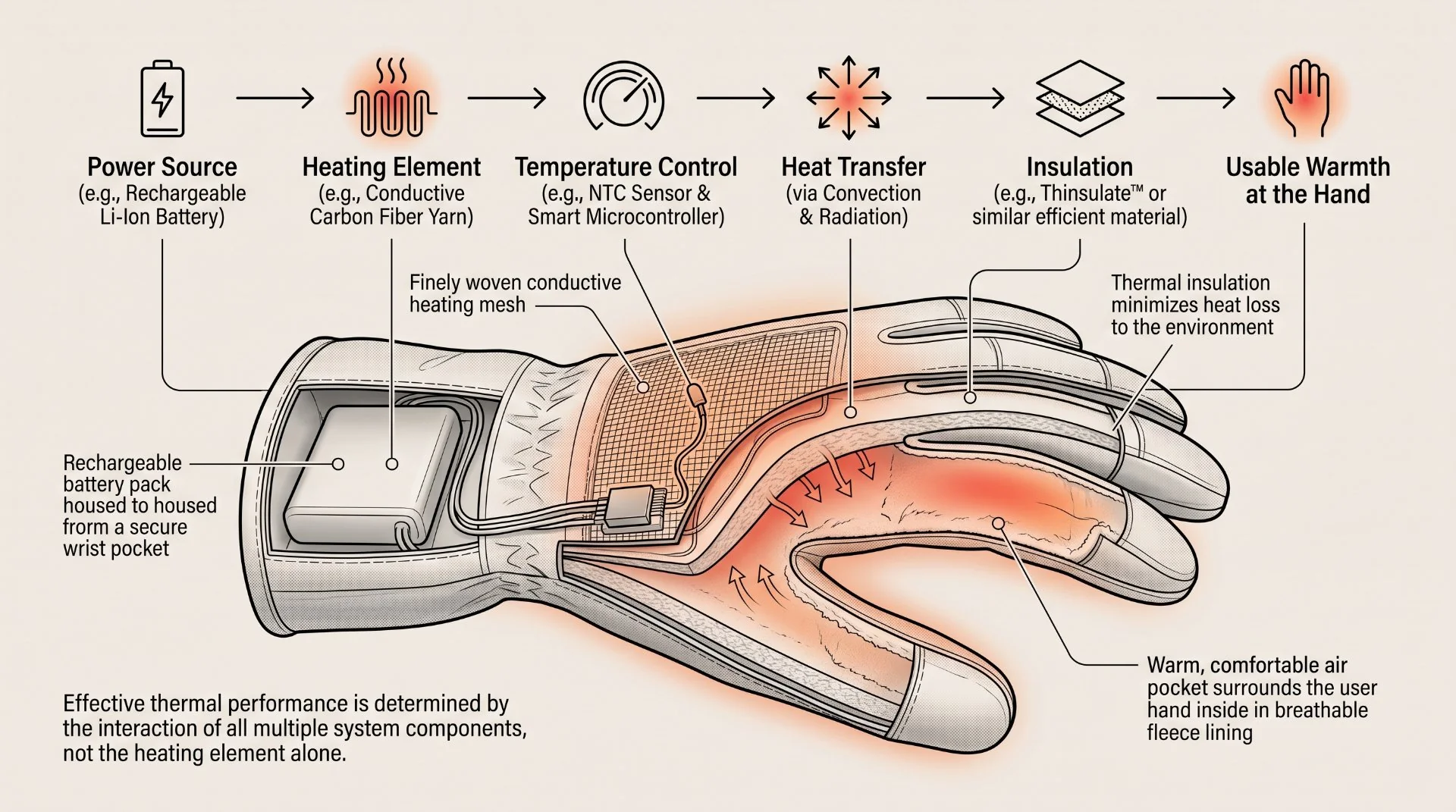 Heated Glove Thermal System: From Power to Sustained Heat Heated glove thermal system showing power delivery temperature control heat transfer and insulation