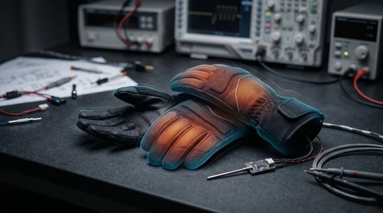 Heated gloves with a surface-temperature heat visualization on an engineering workbench with test equipment