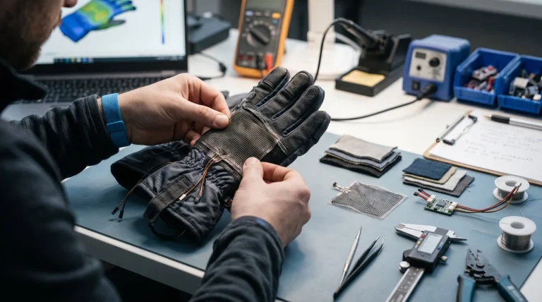 Heated wearable OEM engineering process showing a heated glove prototype and heating system components