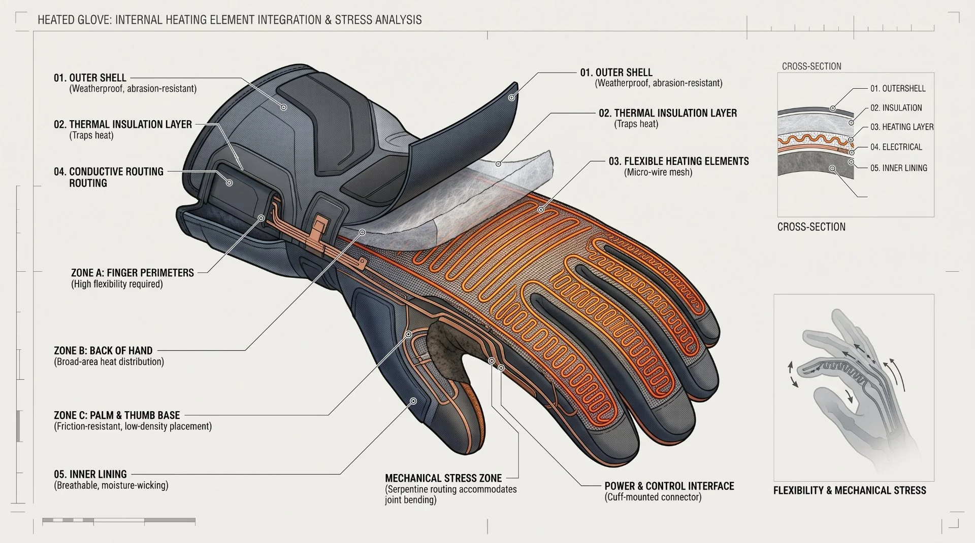 Heating element placement across different zones of a heated glove