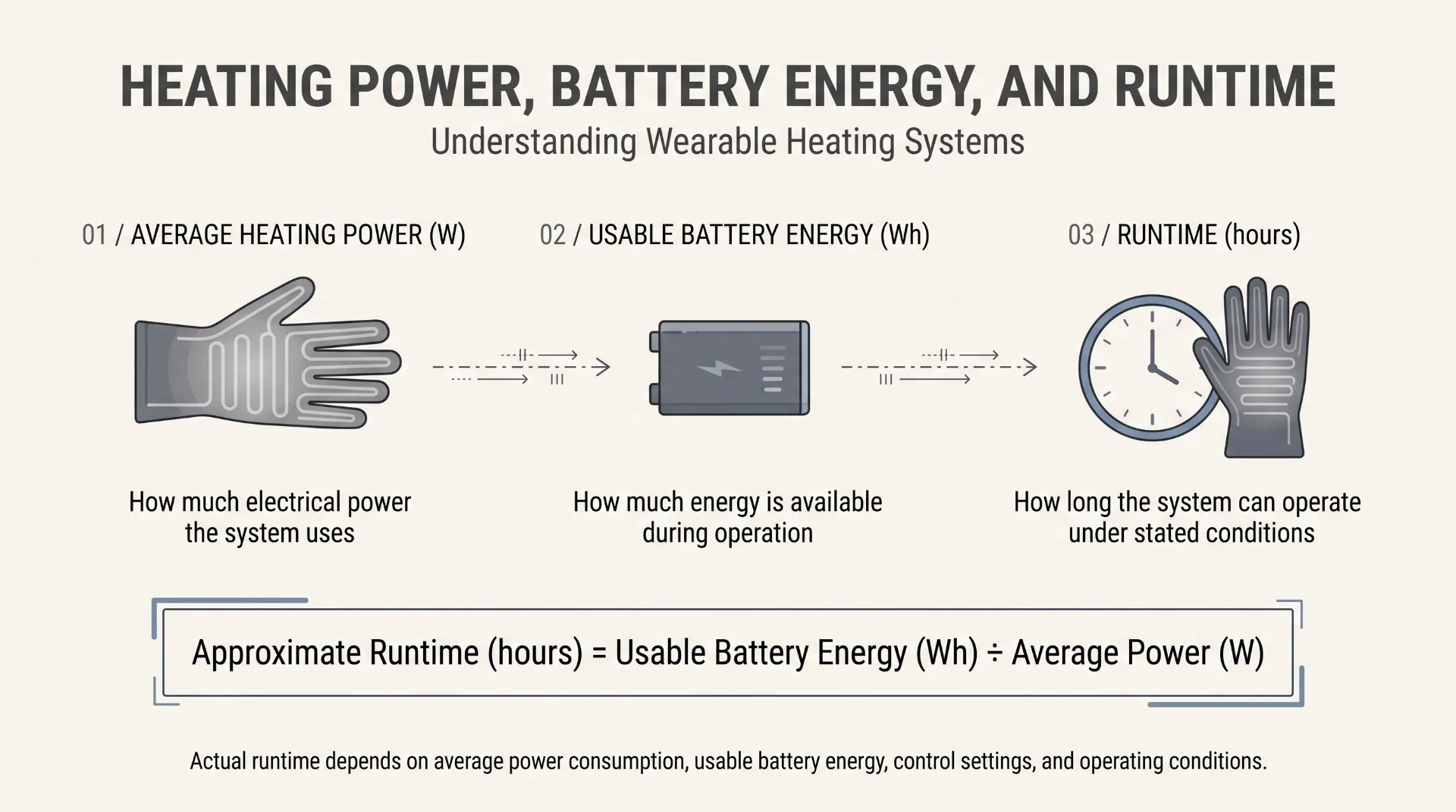 Heating Power, Battery Energy, and Runtime Diagram explaining how average heating power and usable battery energy determine runtime in heated gloves