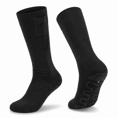 J ONE JHS07 rechargeable heated socks in black, pair view showing cushioned footbed and anti-slip gripper sole