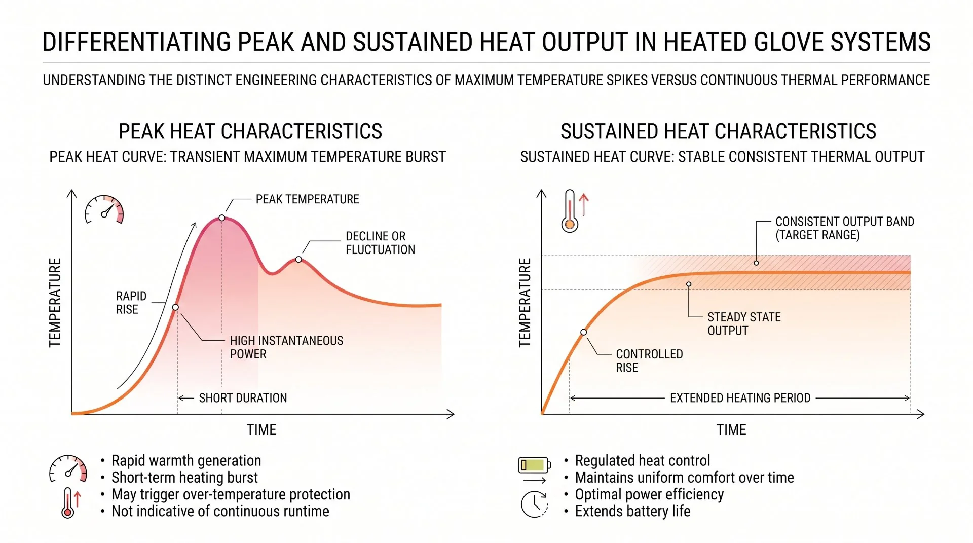 Peak Heat vs Sustained Heat in Heated Gloves Peak heat vs sustained heat output in a heated glove heating system