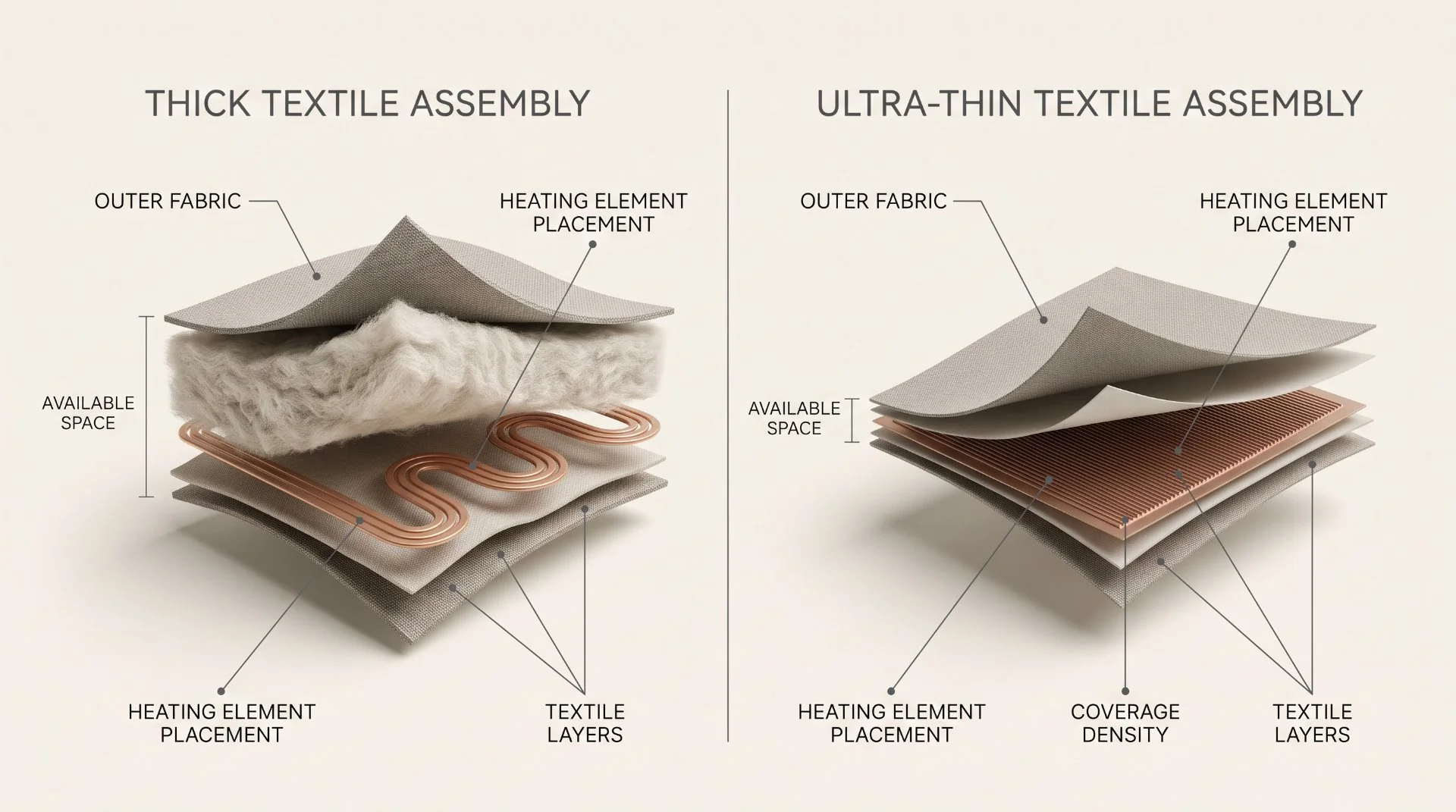 Thick vs Ultra-Thin Textile Assembly Comparison Side-by-side comparison of thick and ultra-thin heated textile assemblies showing outer fabric, heating element placement, available space, textile layers, and coverage density