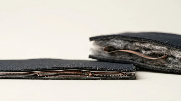 Cross-section comparing heating element placement in thick and ultra-thin textile layers