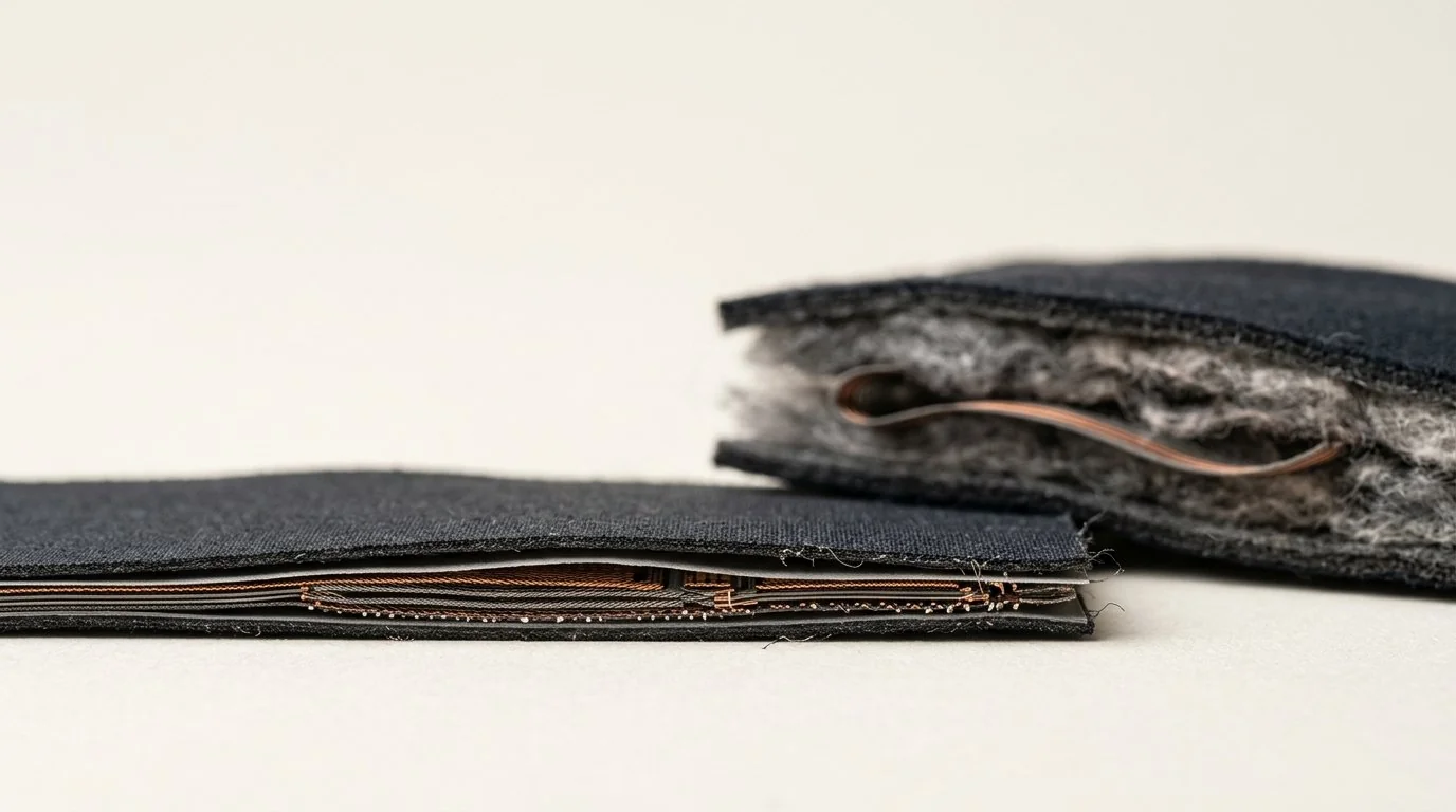 Cross-section comparing heating element placement in thick and ultra-thin textile layers